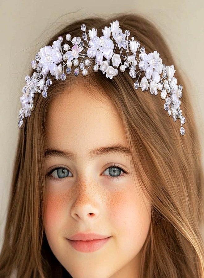 Campsis Flower Girls Hair Accessory, White Floral Headpiece, Wedding Pearl Headband for Girls - Image 1