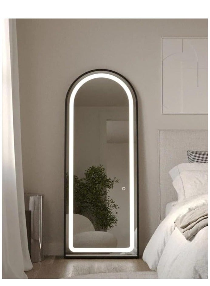 Lion Home Arched Full Length Mirror, 160x70cm, with 3-Color LED Light and Touch Button for Adjustable Brightness and Color, Durable Alloy Frame, Leaning, Wall-Mounting, and Standing Options. Modern Arched Design, Stylish Illuminated Full Body Mirror, LED Vanity Mirror for Bedroom, Living Room, Hallway, and Dressing Room (black)  - Image 1
