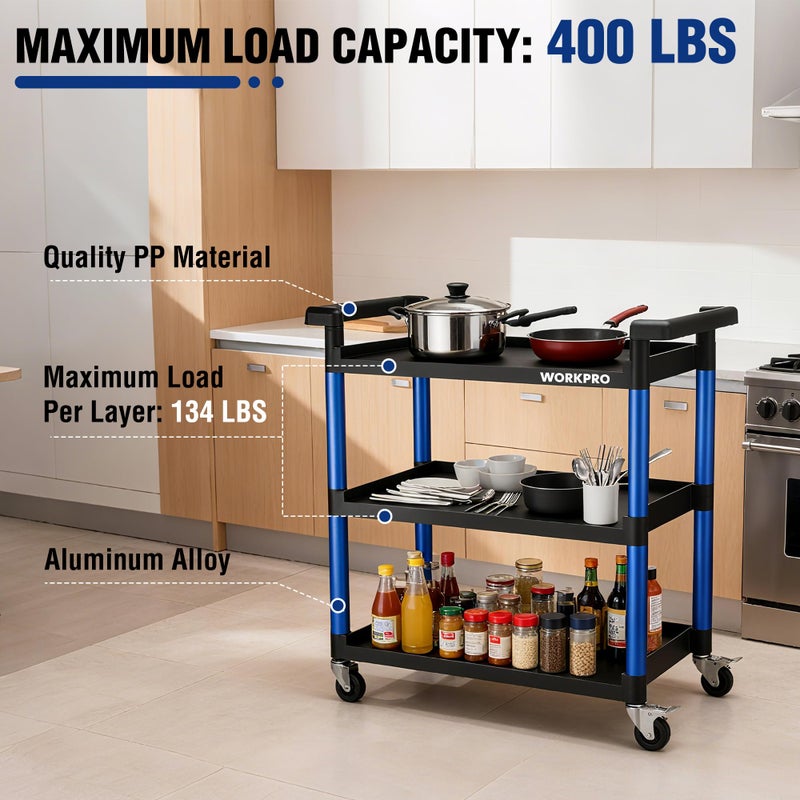 WORKPRO 3-Tier Service Utility Cart, 400LBS Plastic Rolling Cart with Handles & Lockable Wheels, Heavy Duty Storage Cart for Restaurant, Kitchen, Office, Garage, Warehouse - Image 3