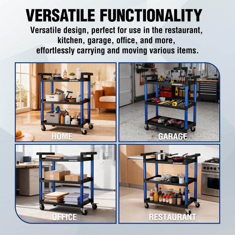 WORKPRO 3-Tier Service Utility Cart, 400LBS Plastic Rolling Cart with Handles & Lockable Wheels, Heavy Duty Storage Cart for Restaurant, Kitchen, Office, Garage, Warehouse - Image 5