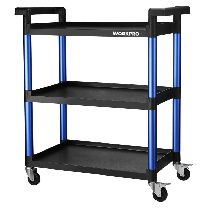 WORKPRO 3-Tier Service Utility Cart, 400LBS Plastic Rolling Cart with Handles & Lockable Wheels, Heavy Duty Storage Cart for Restaurant, Kitchen, Office, Garage, Warehouse - Image 1