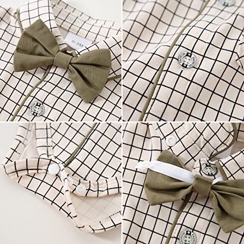CARETOO Baby Boy Gentleman Outfit Baby Boy Clothes Dress Shirt/Bowtie/Suspender Pants Set Short Green 12-18months - Image 3