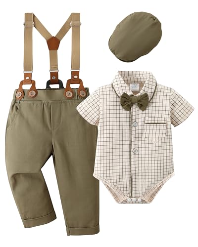 CARETOO Baby Boy Gentleman Outfit Baby Boy Clothes Dress Shirt/Bowtie/Suspender Pants Set Short Green 12-18months - Image 1