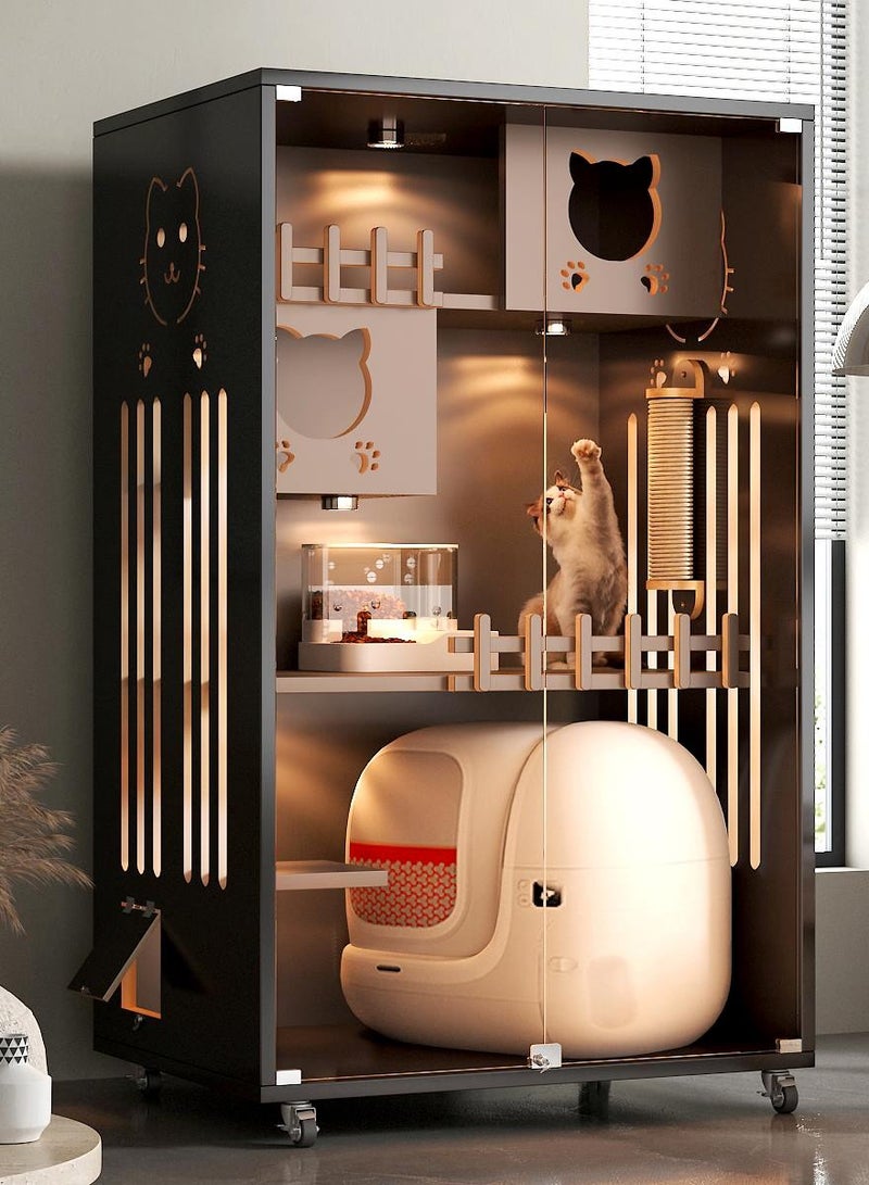 Sunshinee Sunshine Luxury Wood Cat Villa Grey L with Glass Front Door, Small Side Door, Bottom Wheels for Easy Movement and 2 Indoor Scratchers 95*70*155 cm - Image 1