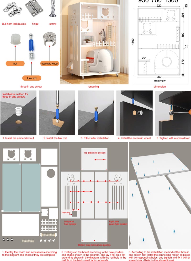 Sunshinee Sunshine Luxury Wood Cat Villa Grey L with Glass Front Door, Small Side Door, Bottom Wheels for Easy Movement and 2 Indoor Scratchers 95*70*155 cm - Image 3