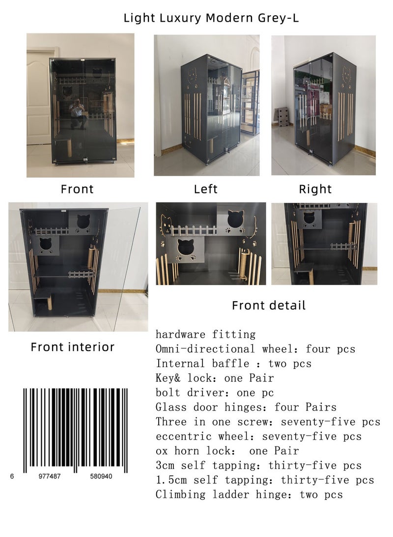Sunshinee Sunshine Luxury Wood Cat Villa Grey L with Glass Front Door, Small Side Door, Bottom Wheels for Easy Movement and 2 Indoor Scratchers 95*70*155 cm - Image 2