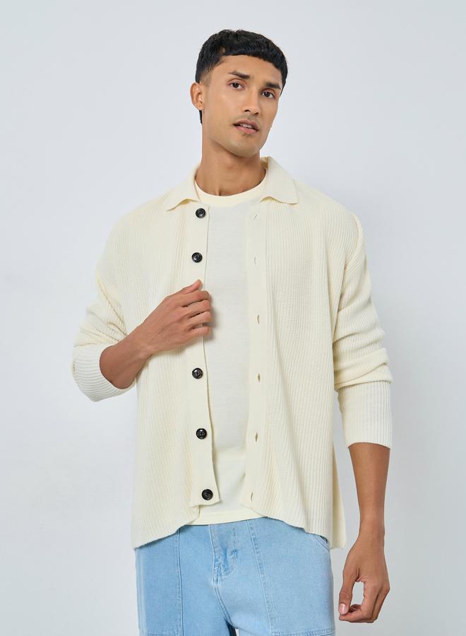 Styli Off White Ribbed Cardigan - Image 1
