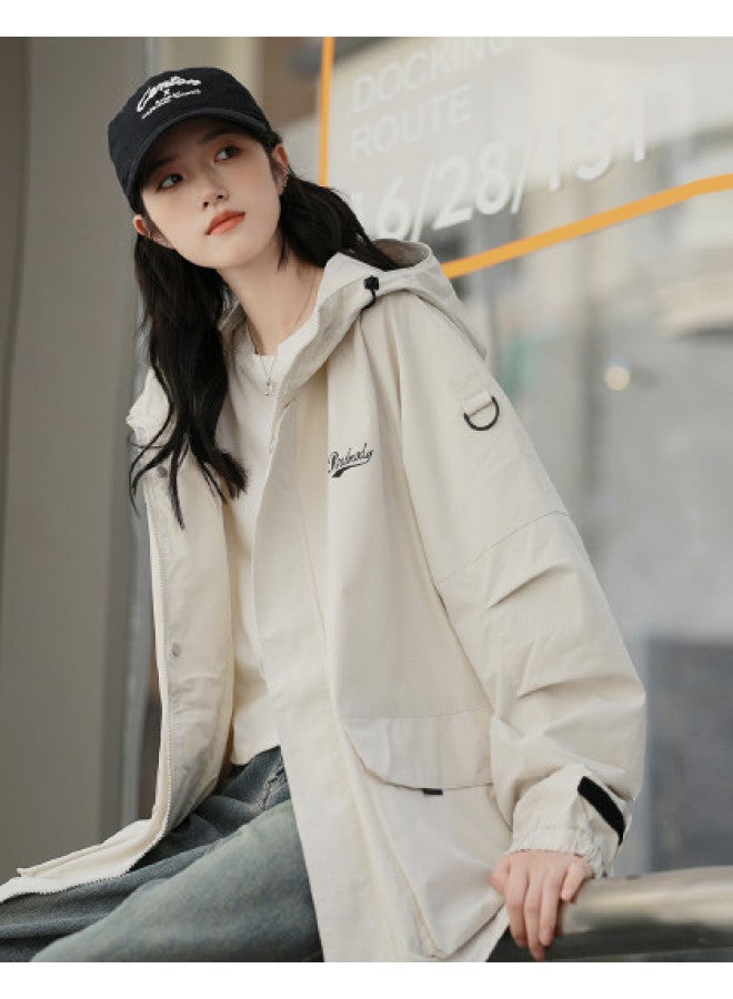 TonLion Women's Solid Color Minimalist Hooded Fashion Lettering On Left Chest Korean Casual Sporty Hooded Jacket - Image 1