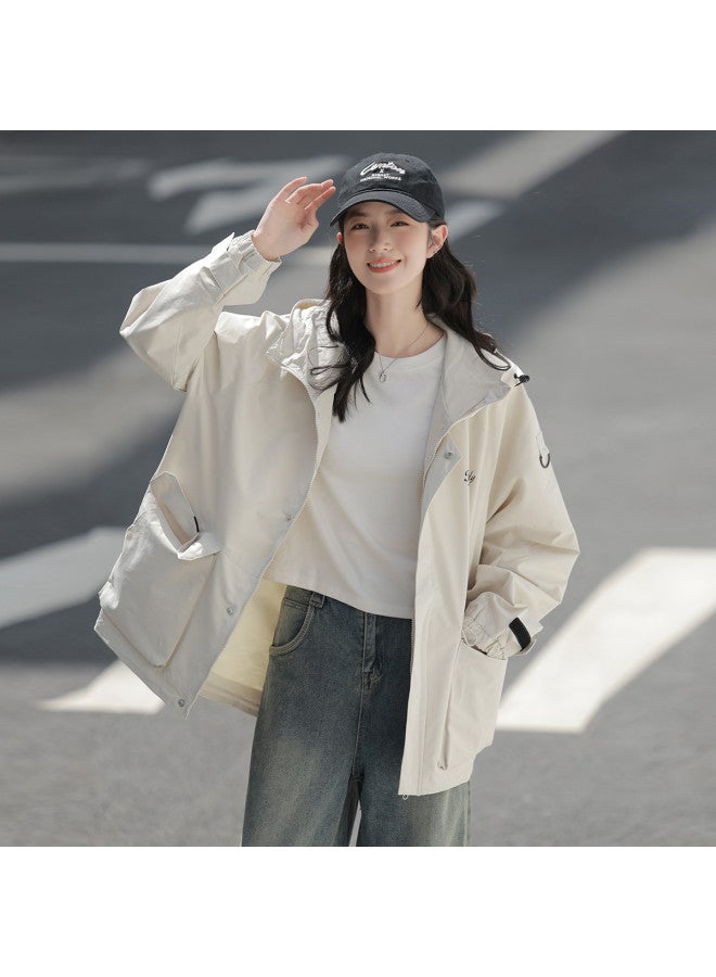 TonLion Women's Solid Color Minimalist Hooded Fashion Lettering On Left Chest Korean Casual Sporty Hooded Jacket - Image 5