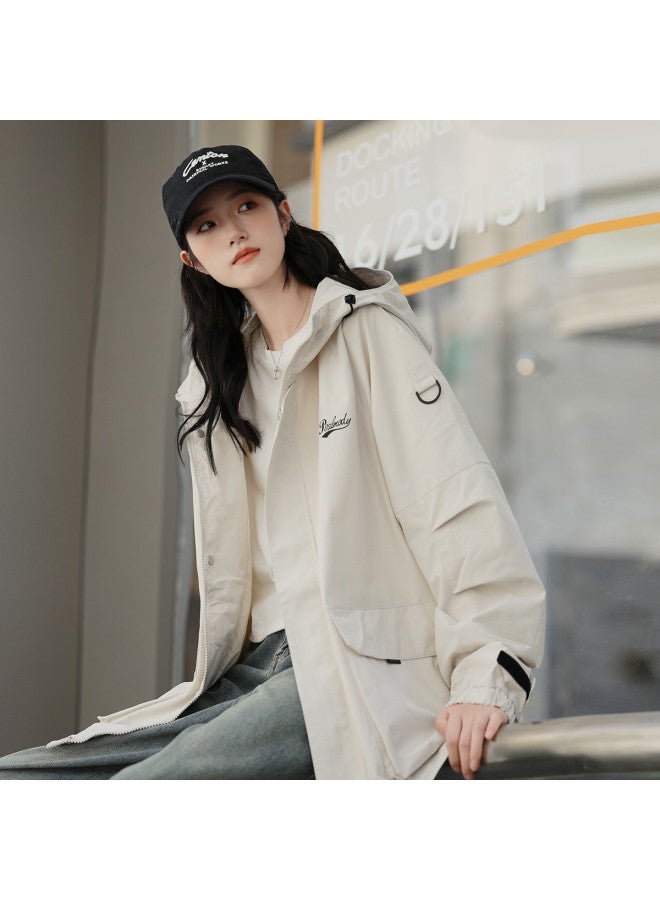 TonLion Women's Solid Color Minimalist Hooded Fashion Lettering On Left Chest Korean Casual Sporty Hooded Jacket - Image 2