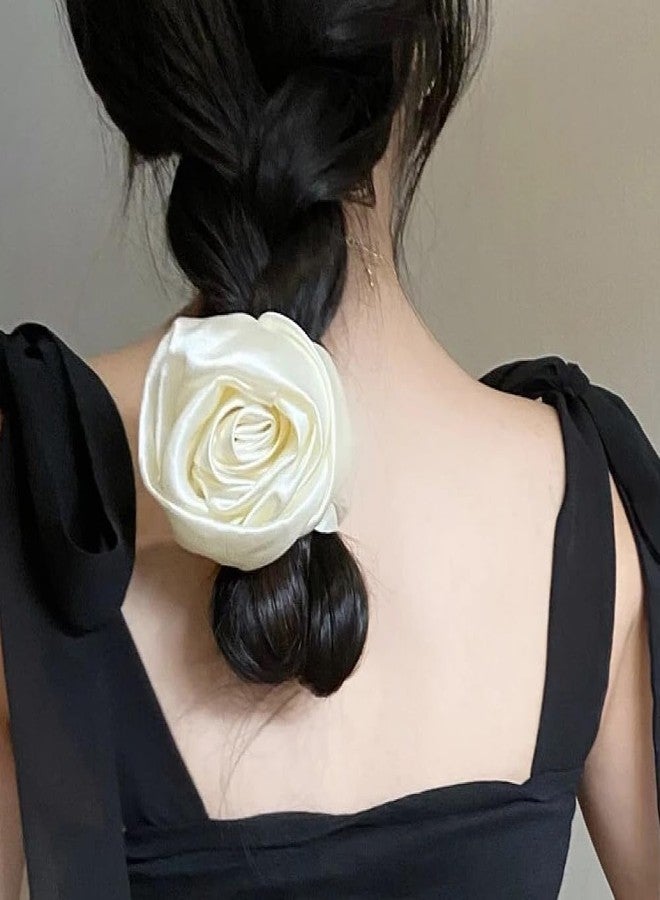 Guqqeuc Satin Rose Hair Scrunchie with Flower Hair Bow for Women Girls Silk Scrunchy Hair Elastics for Long Thick Hair - Image 2