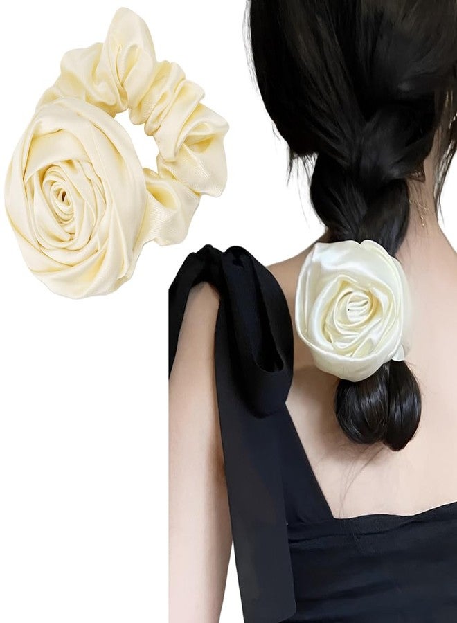 Guqqeuc Satin Rose Hair Scrunchie with Flower Hair Bow for Women Girls Silk Scrunchy Hair Elastics for Long Thick Hair - Image 1