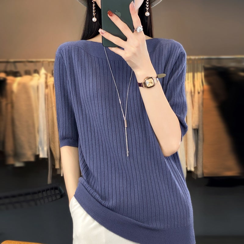 Summer new short-sleeved T-shirt with a collar five-point sleeve knitted knitted shirt for women - Image 2