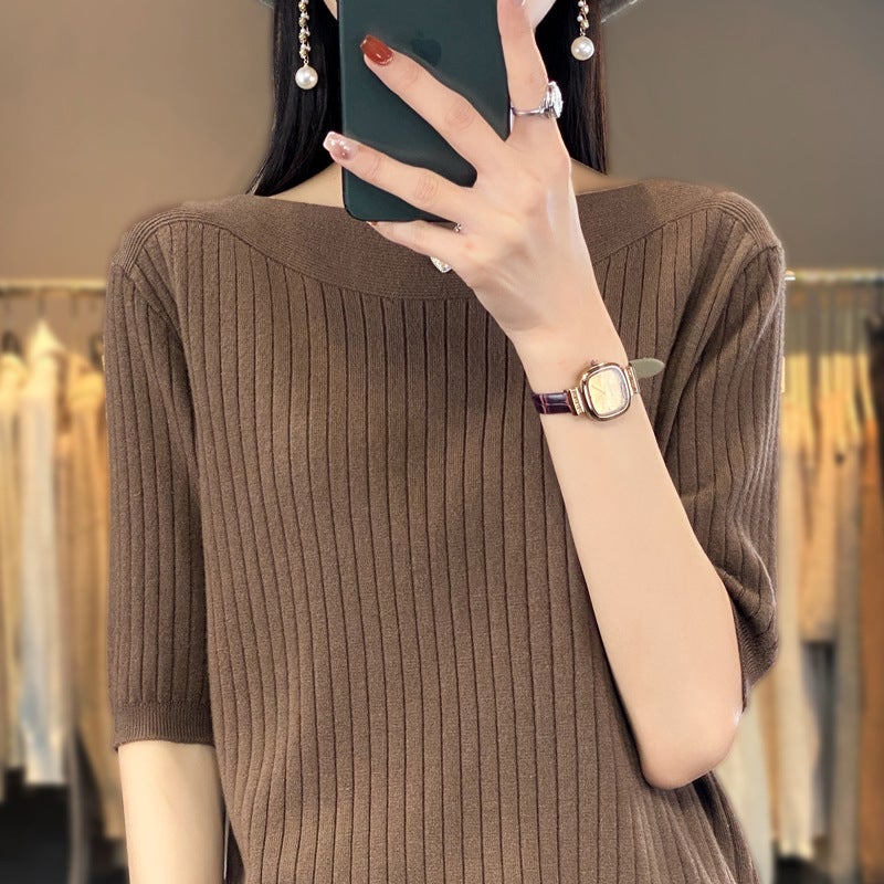 Summer new short-sleeved T-shirt with a collar five-point sleeve knitted knitted shirt for women - Image 1