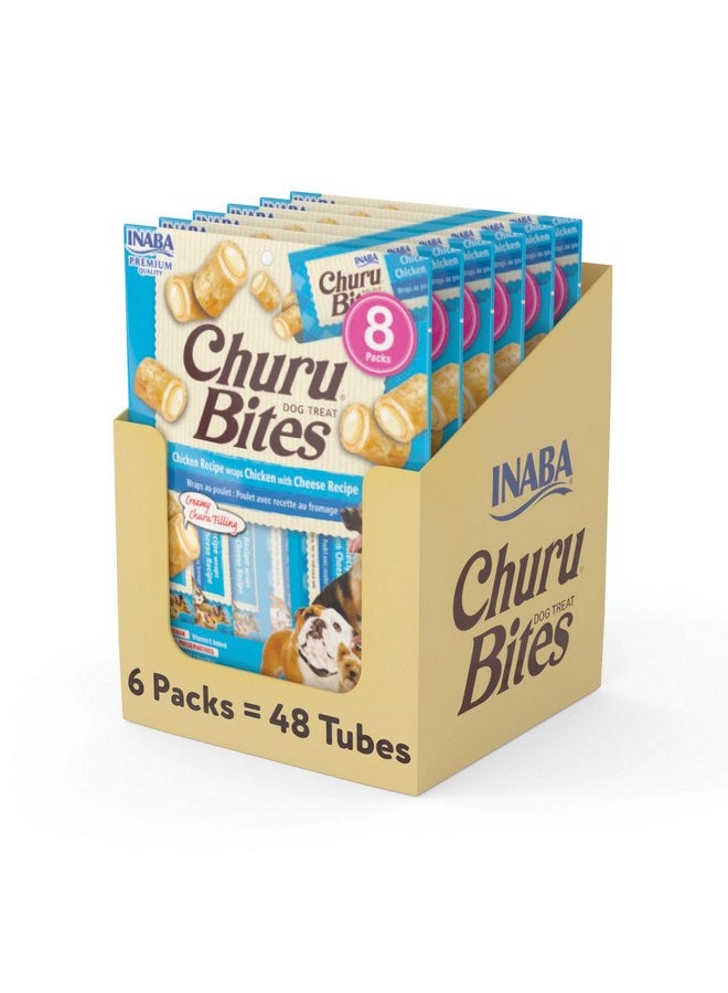 INABA Churu Bites for Dogs, Grain-Free, Soft/Chewy Baked Chicken Wrapped Churu Filled Dog Treats, 0.42 Ounces Each Tube | 48 Tubes Total (8 Tubes per Pack), Chicken with Cheese Recipe - Image 1