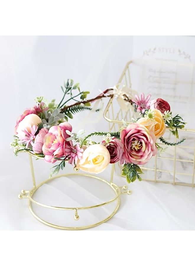 Vivivalue Women Flower Crown Bride Flower Headband Floral Headpiece Halo Wedding Party Photos Pink - Image 3