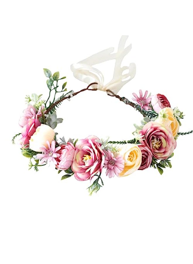 Vivivalue Women Flower Crown Bride Flower Headband Floral Headpiece Halo Wedding Party Photos Pink - Image 1
