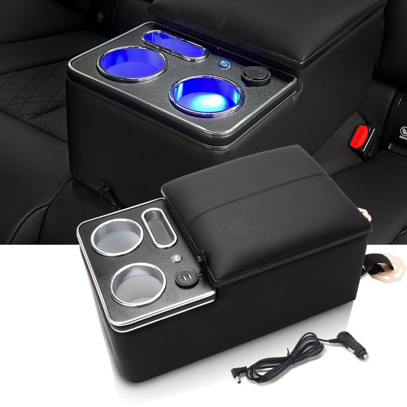 X4XZ Upgrade Center Console Organizer with Cup Holder& Phone Holder for Car & Van & Truck Floor Cab Back Bench Seat Armrest Middle Storage Box - Black - Image 1