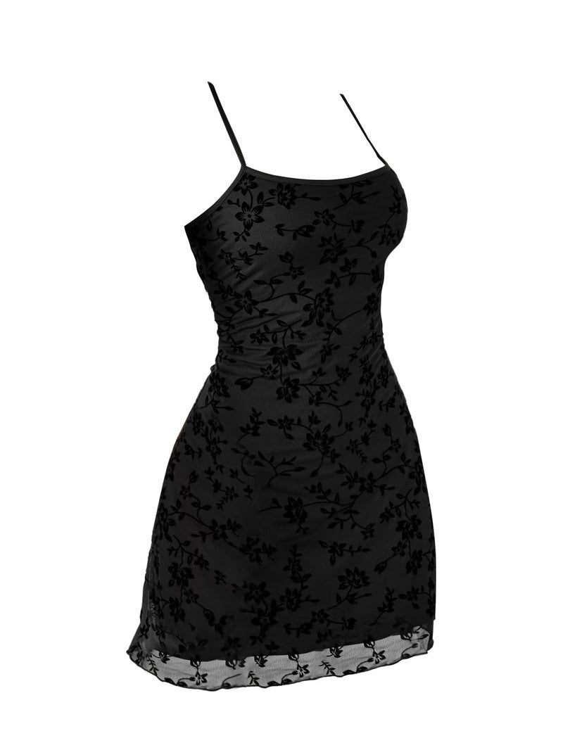 Verdusa Women's Mini Dress Floral Spaghetti Strap Mesh Short Dresses Going Out Sundress Y2k Gothic Clothes Dark Black Small - Image 1