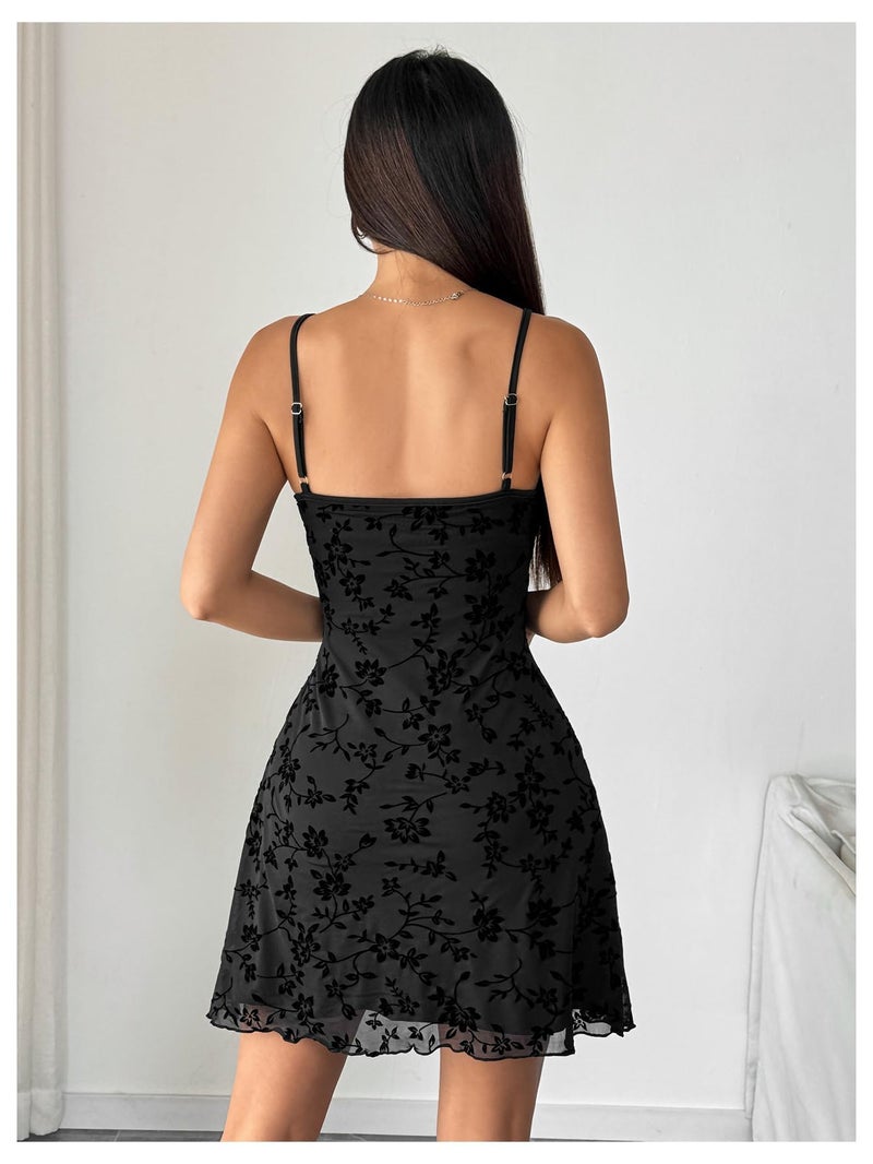 Verdusa Women's Mini Dress Floral Spaghetti Strap Mesh Short Dresses Going Out Sundress Y2k Gothic Clothes Dark Black Small - Image 2