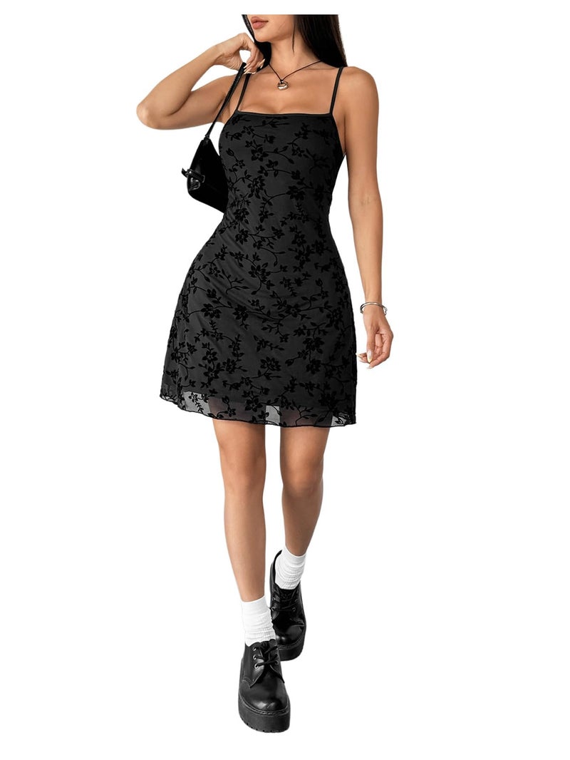 Verdusa Women's Mini Dress Floral Spaghetti Strap Mesh Short Dresses Going Out Sundress Y2k Gothic Clothes Dark Black Small - Image 4