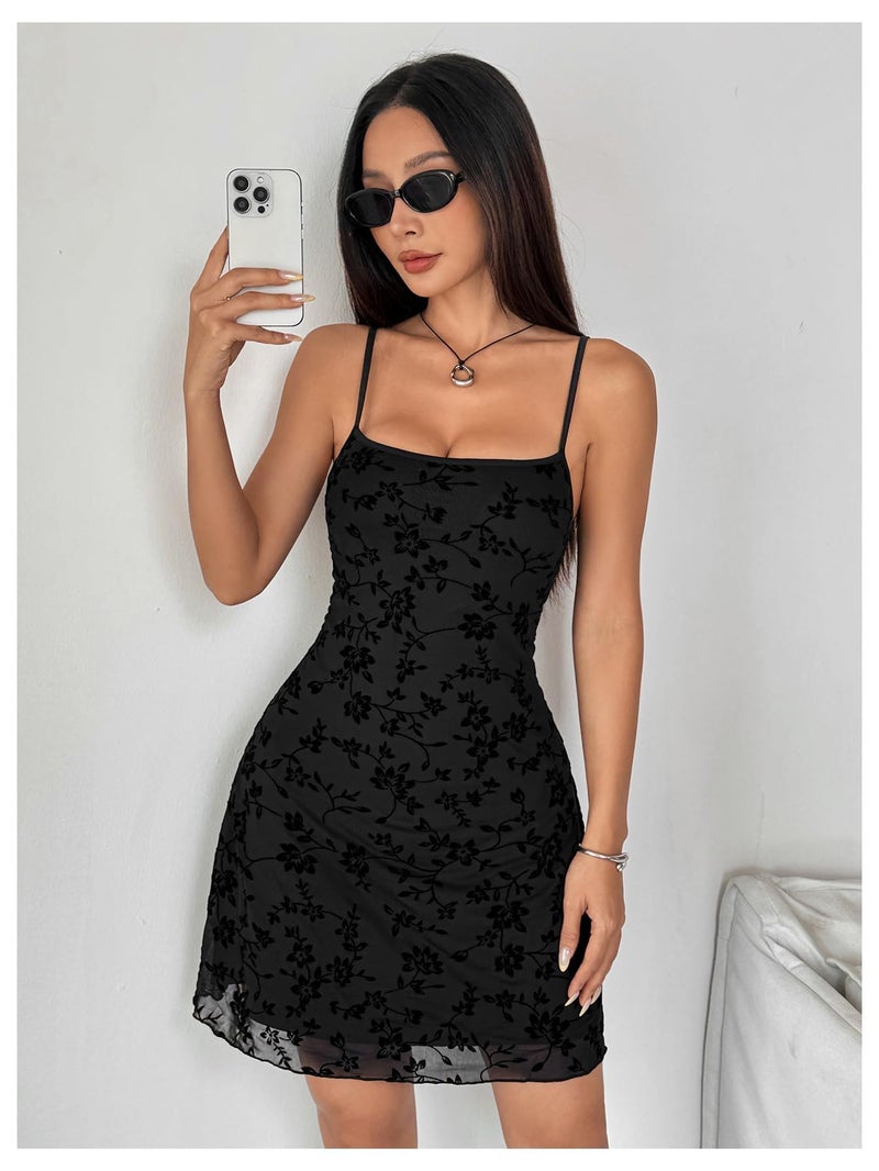 Verdusa Women's Mini Dress Floral Spaghetti Strap Mesh Short Dresses Going Out Sundress Y2k Gothic Clothes Dark Black Small - Image 3