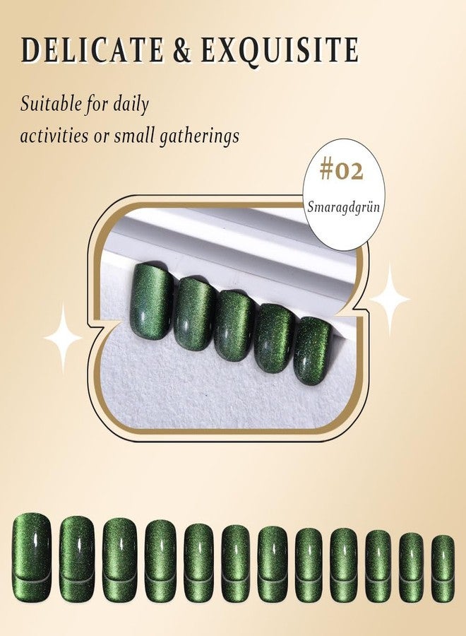 evpct Forest Green Cat Eye Real Short Press on Nails Square, Petite Short Square Glue on Nails for Women Gift, Green Holographic Glossy Fake Nail Reusable, Soft Gel Press on Acrylic Nail with Designs - Image 4
