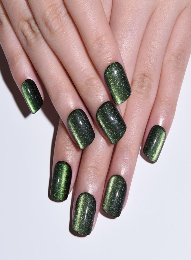 evpct Forest Green Cat Eye Real Short Press on Nails Square, Petite Short Square Glue on Nails for Women Gift, Green Holographic Glossy Fake Nail Reusable, Soft Gel Press on Acrylic Nail with Designs - Image 1