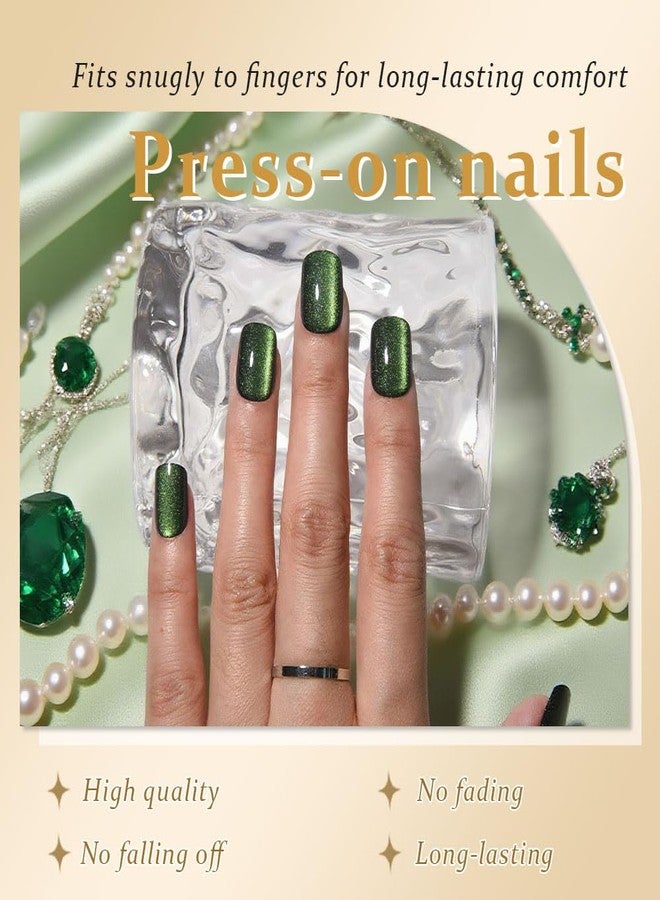 evpct Forest Green Cat Eye Real Short Press on Nails Square, Petite Short Square Glue on Nails for Women Gift, Green Holographic Glossy Fake Nail Reusable, Soft Gel Press on Acrylic Nail with Designs - Image 2