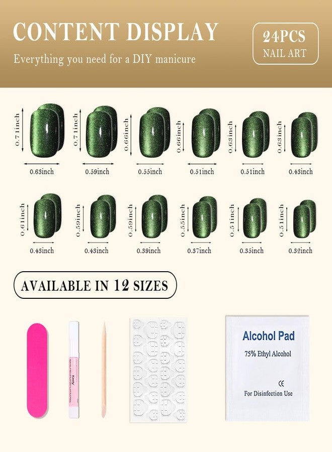 evpct Forest Green Cat Eye Real Short Press on Nails Square, Petite Short Square Glue on Nails for Women Gift, Green Holographic Glossy Fake Nail Reusable, Soft Gel Press on Acrylic Nail with Designs - Image 5