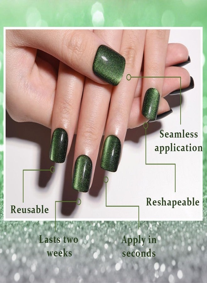 evpct Forest Green Cat Eye Real Short Press on Nails Square, Petite Short Square Glue on Nails for Women Gift, Green Holographic Glossy Fake Nail Reusable, Soft Gel Press on Acrylic Nail with Designs - Image 3