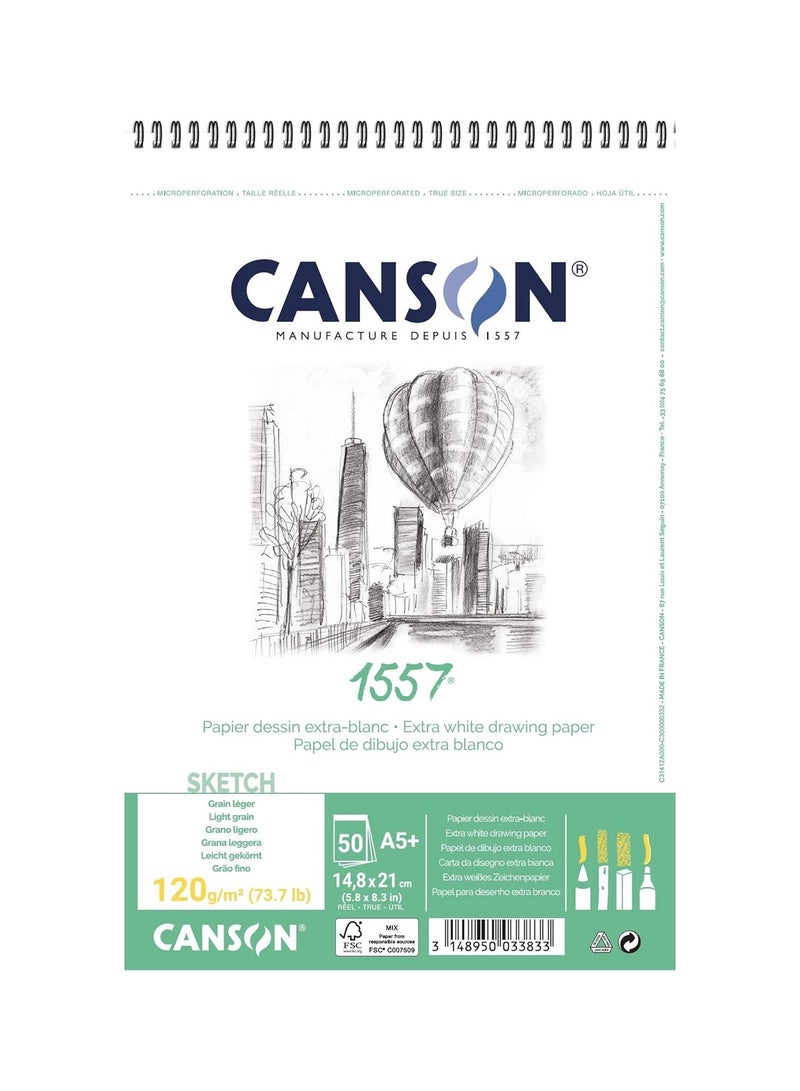 CANSON A5 Size Spiral Sketch Pad With Extra White 50 Sheets 120gsm Thickness - Image 1