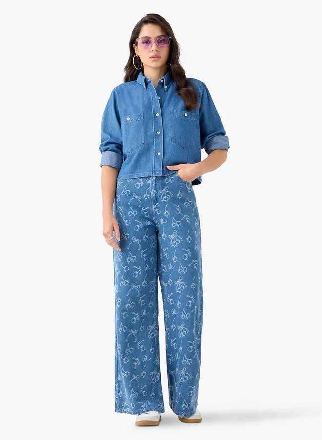 Lee Cooper Lee Cooper Regular Fit Denim Button-Down Shirt with Long Sleeves and Pockets