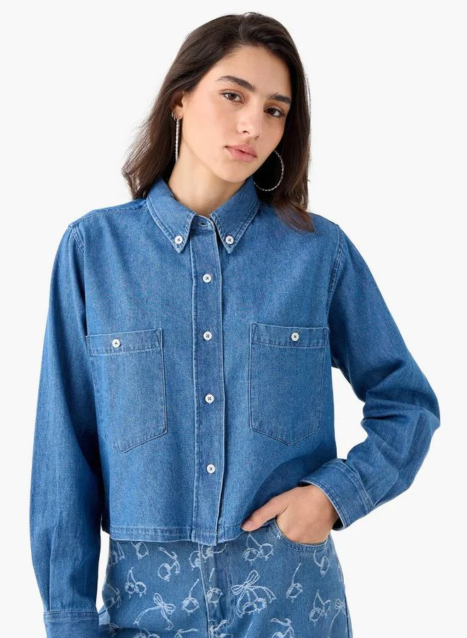 Lee Cooper Lee Cooper Regular Fit Denim Button-Down Shirt with Long Sleeves and Pockets