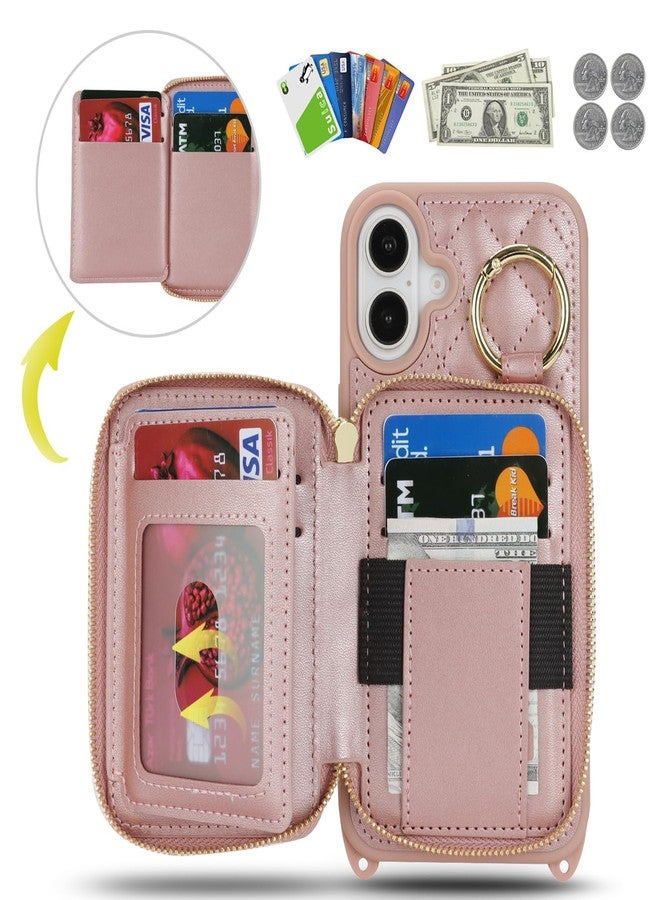 Hamany Crossbody Wallet Case for iPhone 16 Plus, PU Leather Zipper Handbag Purse Flip Cover, Kickstand Folio Case with Card Slots Holder Wrist Strap Lanyard 5G 6.7 Inch-Rose Gold - Image 2