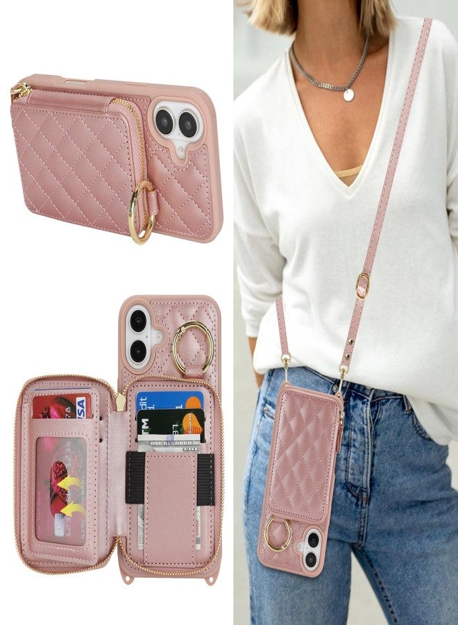 Hamany Crossbody Wallet Case for iPhone 16 Plus, PU Leather Zipper Handbag Purse Flip Cover, Kickstand Folio Case with Card Slots Holder Wrist Strap Lanyard 5G 6.7 Inch-Rose Gold - Image 1