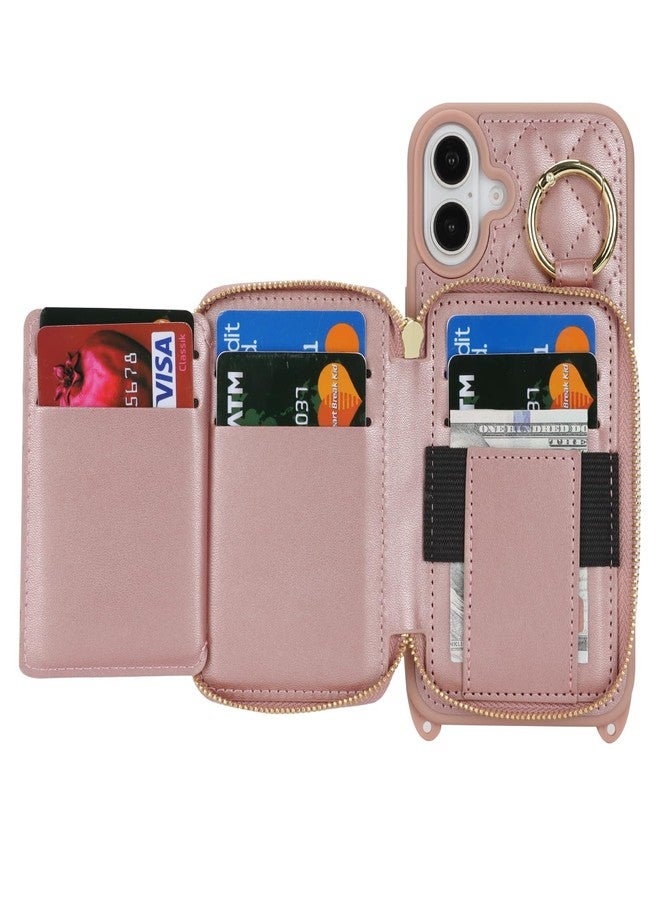 Hamany Crossbody Wallet Case for iPhone 16 Plus, PU Leather Zipper Handbag Purse Flip Cover, Kickstand Folio Case with Card Slots Holder Wrist Strap Lanyard 5G 6.7 Inch-Rose Gold - Image 5