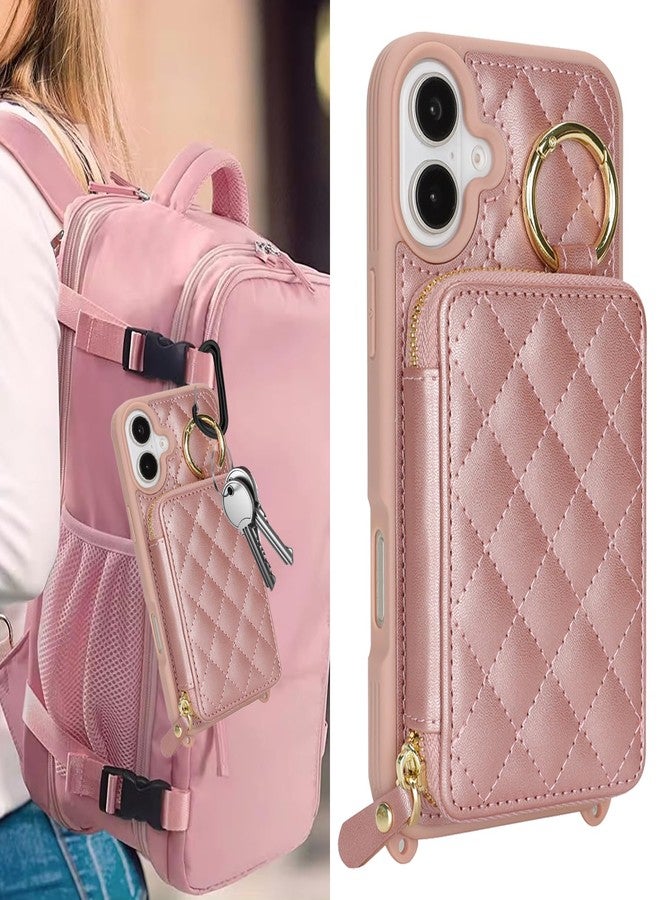 Hamany Crossbody Wallet Case for iPhone 16 Plus, PU Leather Zipper Handbag Purse Flip Cover, Kickstand Folio Case with Card Slots Holder Wrist Strap Lanyard 5G 6.7 Inch-Rose Gold - Image 3