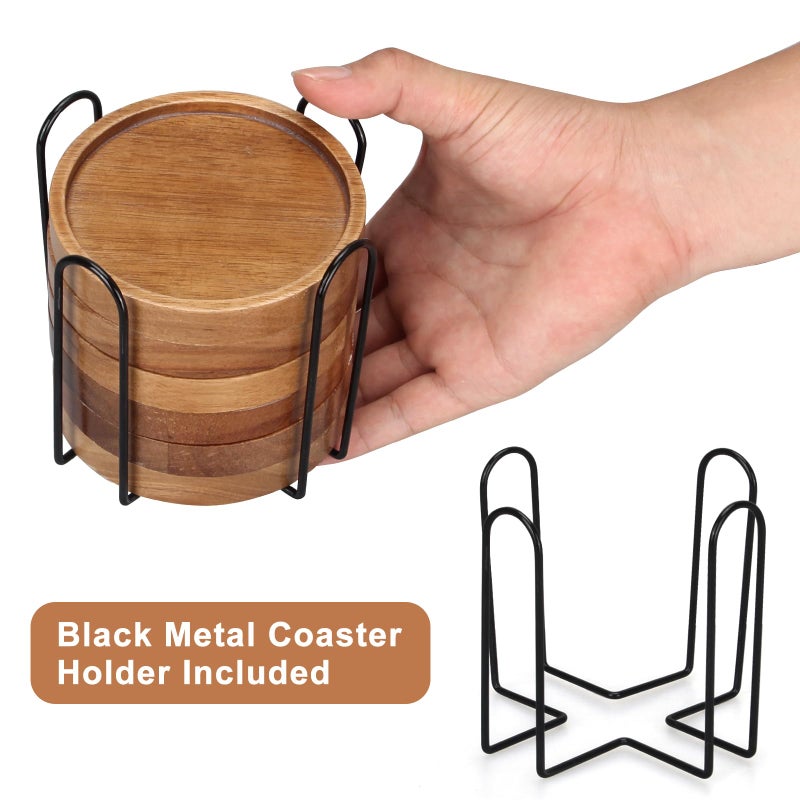 Renawe 6 Pcs Best Wooden Coasters with Holder Coffee Table Decor Acacia Wood Coaster Set Modern Cup Coaster for Drink Home Dining Table Kitchen Accessories Cute Beer Bar Decorative Rustic Outdoor Coasters - Image 3