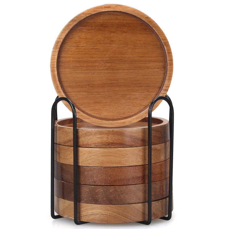 Renawe 6 Pcs Best Wooden Coasters with Holder Coffee Table Decor Acacia Wood Coaster Set Modern Cup Coaster for Drink Home Dining Table Kitchen Accessories Cute Beer Bar Decorative Rustic Outdoor Coasters - Image 5