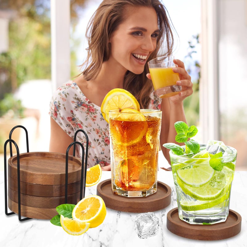 Renawe 6 Pcs Best Wooden Coasters with Holder Coffee Table Decor Acacia Wood Coaster Set Modern Cup Coaster for Drink Home Dining Table Kitchen Accessories Cute Beer Bar Decorative Rustic Outdoor Coasters - Image 2
