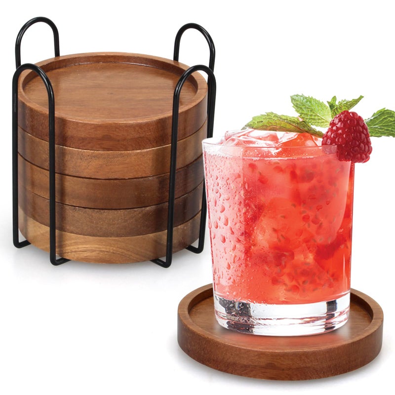 Renawe 6 Pcs Best Wooden Coasters with Holder Coffee Table Decor Acacia Wood Coaster Set Modern Cup Coaster for Drink Home Dining Table Kitchen Accessories Cute Beer Bar Decorative Rustic Outdoor Coasters - Image 1