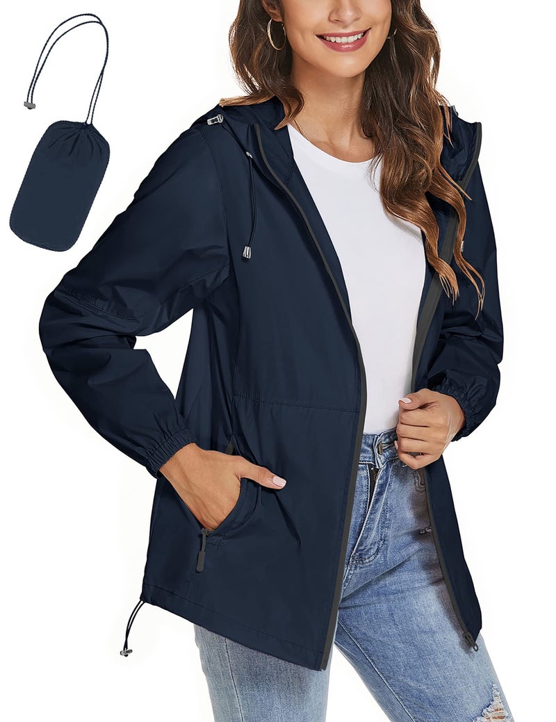 TCOT Wind Breakers Female Jackets Rain Jacket Womens Waterproof with Hood Foldable Lightweight Rain Coats Navy Blue S - Image 1