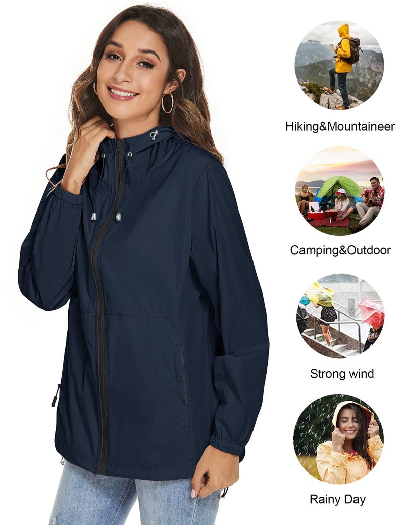 TCOT Wind Breakers Female Jackets Rain Jacket Womens Waterproof with Hood Foldable Lightweight Rain Coats Navy Blue S - Image 5