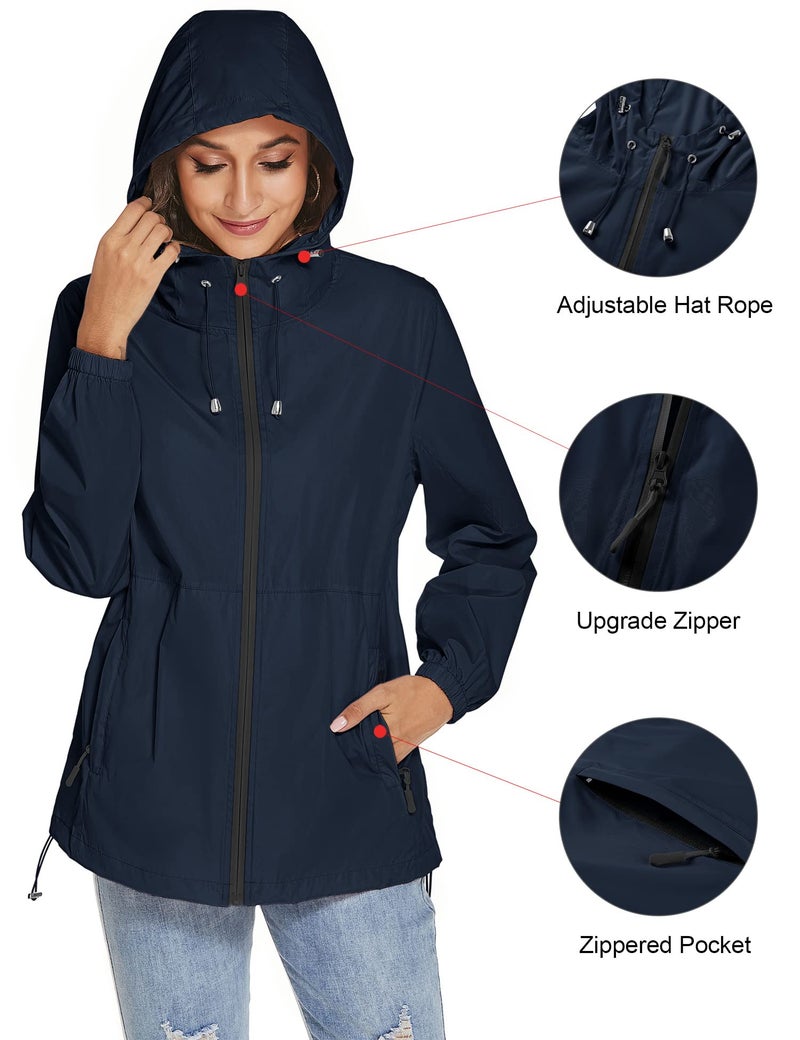 TCOT Wind Breakers Female Jackets Rain Jacket Womens Waterproof with Hood Foldable Lightweight Rain Coats Navy Blue S - Image 4