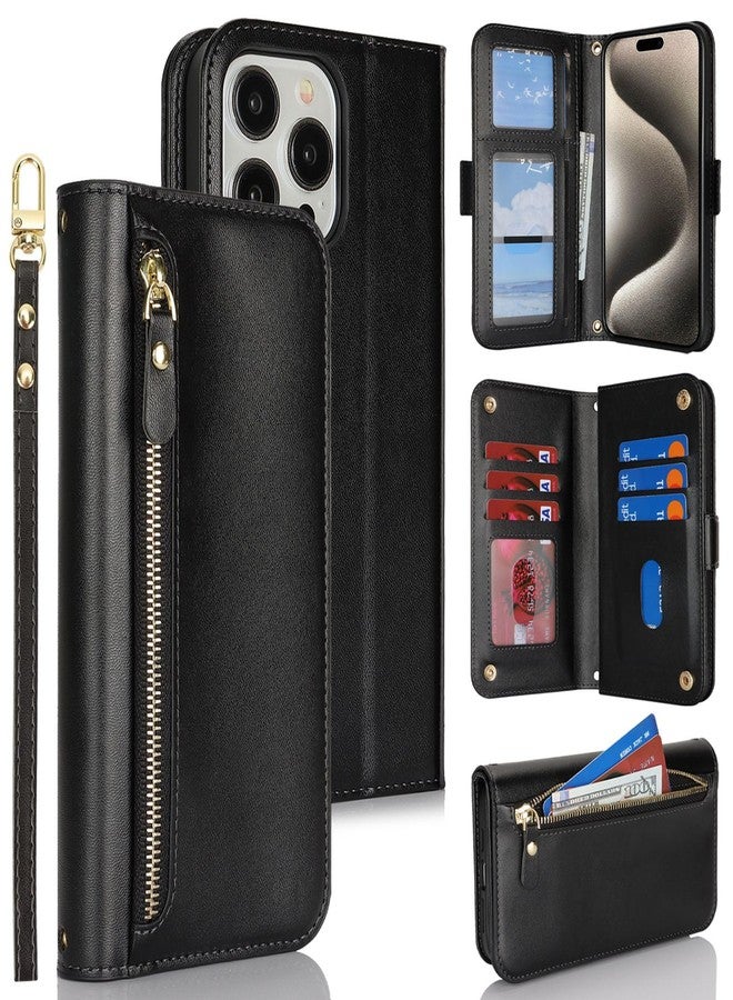 Jaorty Compatible with iPhone 15 Pro Max Wallet Case for Women Men,【RFID Blocking】 PU Leather Phone Case with Card Holder for iPhone 15 Pro Max,Wrist Strap Zipper Credit Card Slots Flip Cover,Black - Image 1
