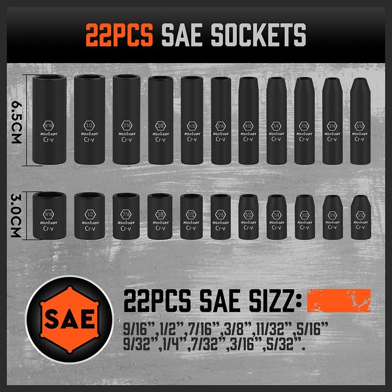 HORUSDY 1/4'' Drive Master Impact Socket Set with Ratchet Handle, 56-Piece SAE & Metric, Extension Bars, Universal Joint & Heavy-Duty Storage Case, Premium 6-Point CR-V Steel Kit - Image 4