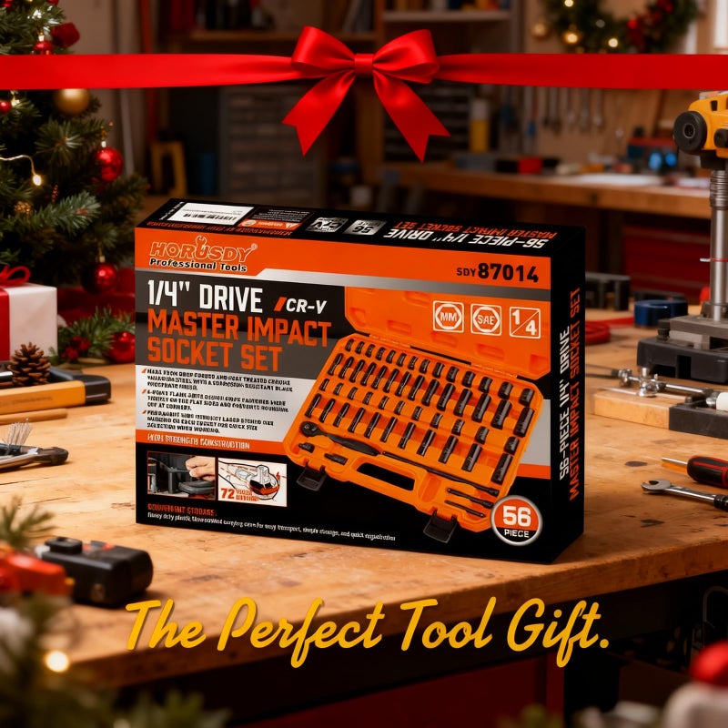HORUSDY 1/4'' Drive Master Impact Socket Set with Ratchet Handle, 56-Piece SAE & Metric, Extension Bars, Universal Joint & Heavy-Duty Storage Case, Premium 6-Point CR-V Steel Kit - Image 2