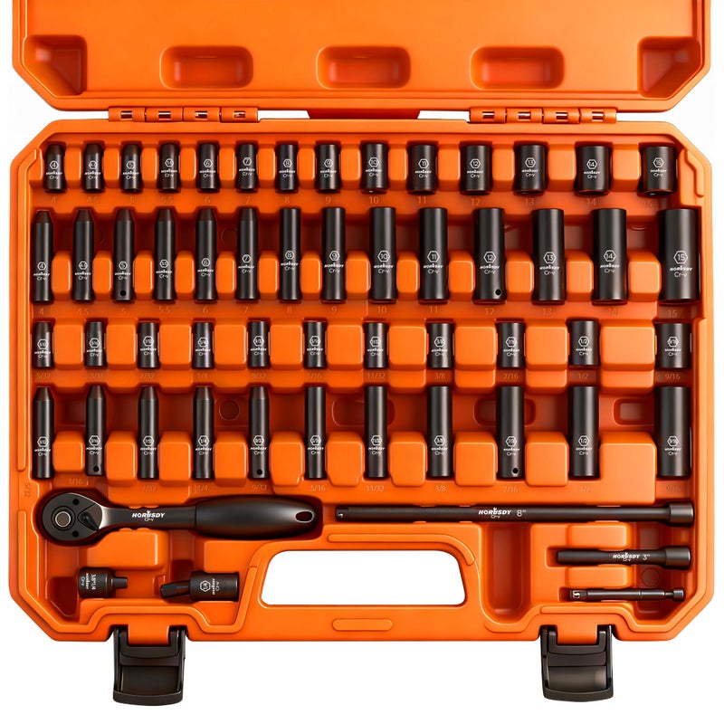 HORUSDY 1/4'' Drive Master Impact Socket Set with Ratchet Handle, 56-Piece SAE & Metric, Extension Bars, Universal Joint & Heavy-Duty Storage Case, Premium 6-Point CR-V Steel Kit - Image 1
