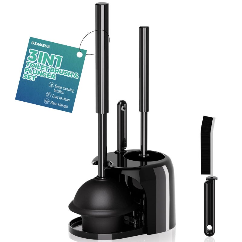 OSAMEDA 3 in 1 Toilet Brush and Plunger Set with Crevice Cleaning Brush, Toilet Plunger and Brush Set with Extra Long Handle, Plungers for Bathroom Accessories, Toilet Plunger with Holder, Black - Image 1